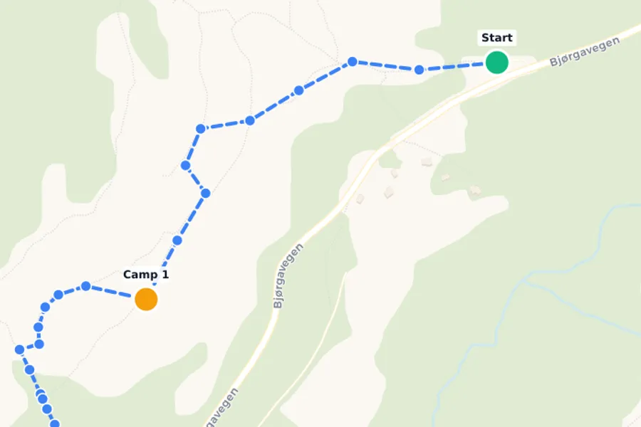 Light Hike from Prest Trailhead parking to Camp at Høgåsen